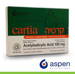 Box of Aspirin, Cartia 100mg or 75mg containing 30 tablets.