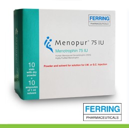 Box of Menopur containing 10 vials of Menopur 75iu and 10 vials of diluent