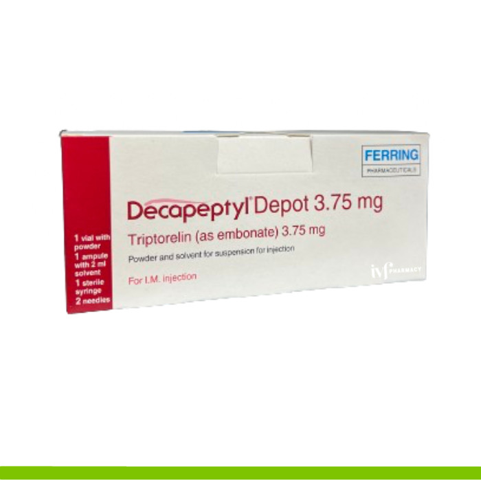 A box of Decapeptyl Depot 3.75mg injection manufactured by Ferring as sold by IVF Pharmacy