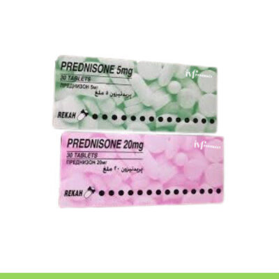 Two boxes of Prednisone - 5mg and 20mg - each containing 30 tablets.